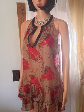Charlotte Russe Tan Dress with Red Floral Print